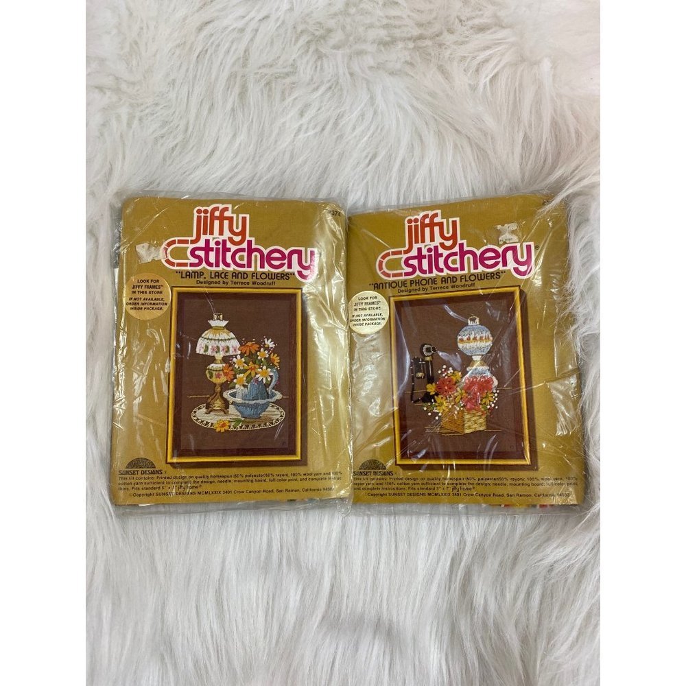 Vintage Jiffy Stitchery Kits 5x7 Lamp Lace Flowers